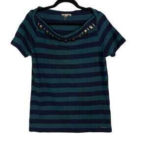 Burberry Brit Womens Large L Teal Navy Blue Awning Striped Bateau Neckline Top